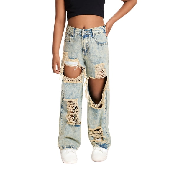 KVPLBQFD Tween Girls Ripped Jeans Retro Wide Leg Denim Pants for Kids Cute Baggy High Waisted Jeans Teens Trendy Summer Clothes