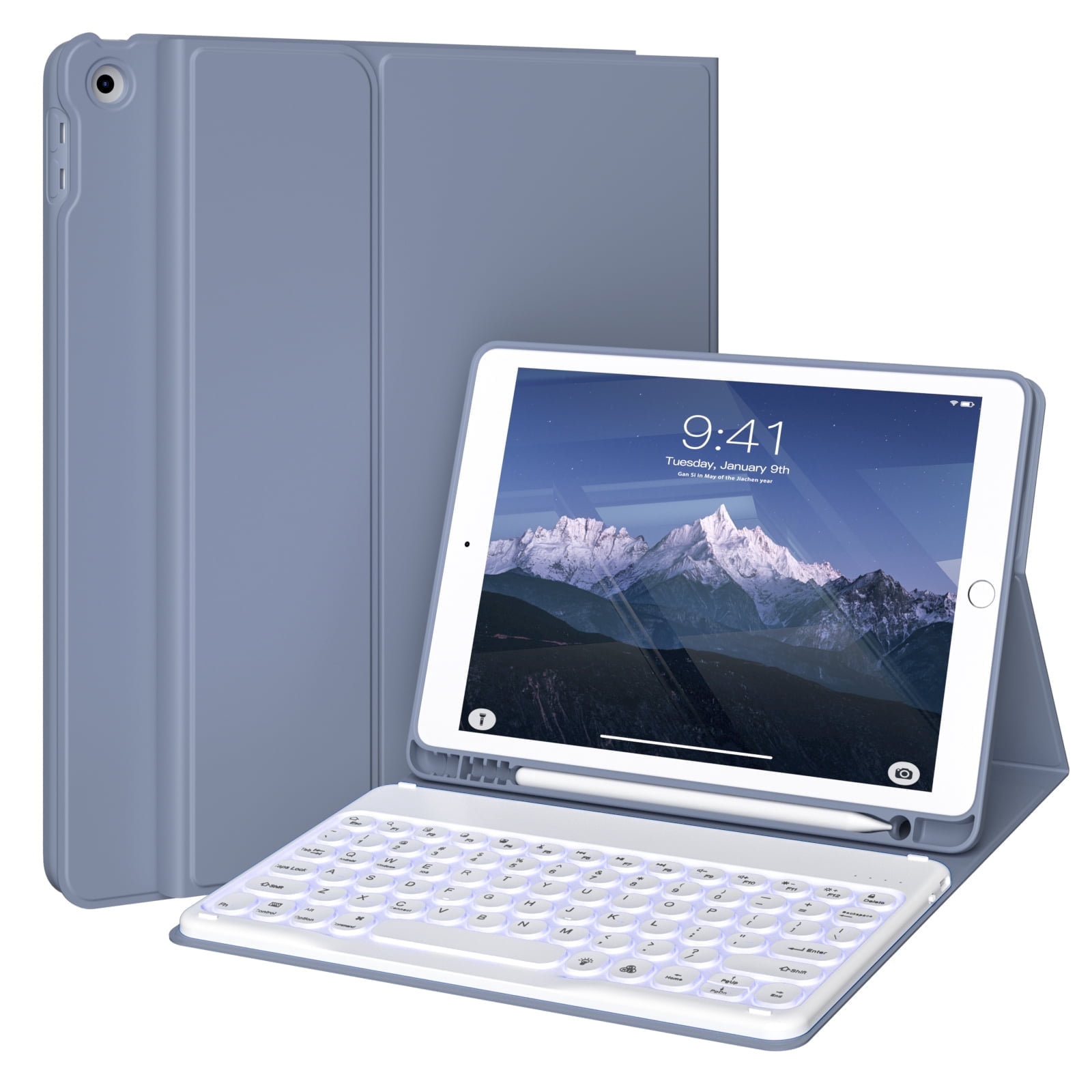 KVTVOU Backlight Keyboard Case for iPad 9th Generation 2021/8th Gen 2020/7th Gen 2019 10.2 Inch, Detachable Wireless Bluetooth Keyboard, Stand Folio Cover with Pencil Holder, Auto Sleep/Wake, Purple