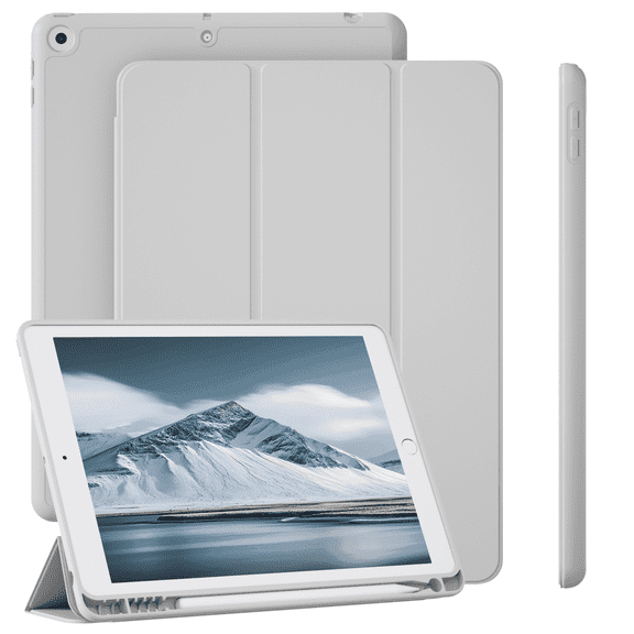 KVTVOU Case Compatible with iPad 10.2 Inch 2021/2020/2019, for iPad 9th/8th/7th Generation Case with Pencil Holder, Protective Case with Soft TPU Back, Auto Sleep/Wake Cover, Gray