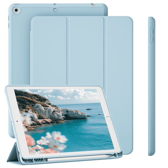 KVTVOU Case Compatible with iPad 10.2 Inch 2021/2020/2019, for iPad 9th/8th/7th Generation Case with Pencil Holder, Protective Case with Soft TPU Back, Auto Sleep/Wake Cover, Blue