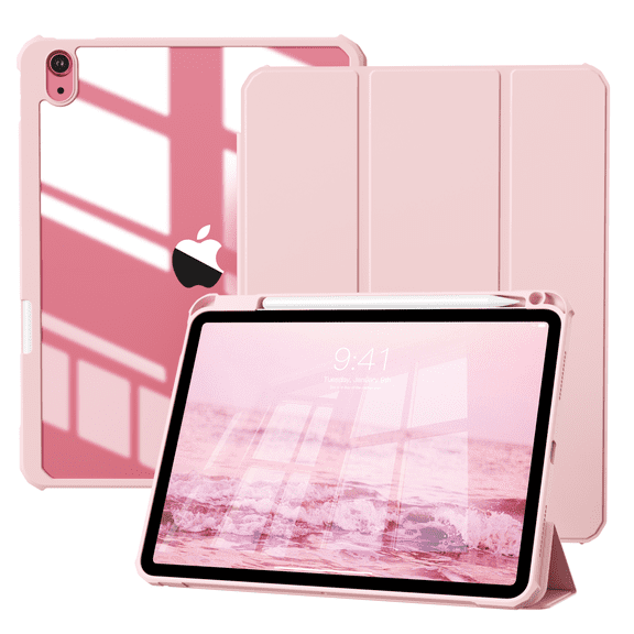 KVTVOU Case for iPad (A16) 11th Generation 11 inch 2025, iPad 10th Generation 10.9 inch 2022 with Pencil Holder, Clear Transparent Back Shell with Shockproof Cover, Auto Sleep/Wake, Pink