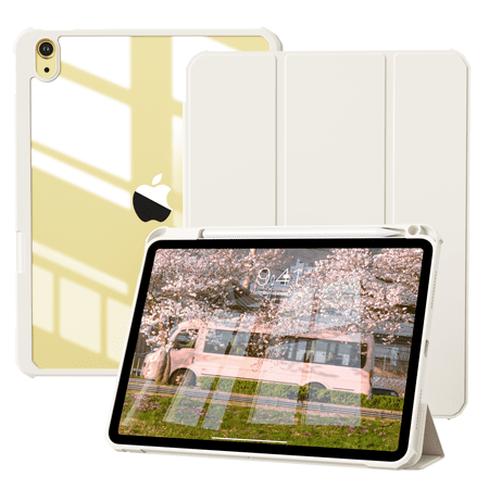 KVTVOU Case for iPad (A16) 11th Generation 11 inch 2025, iPad 10th Generation 10.9 inch 2022 with Pencil Holder, Clear Transparent Back Shell with Shockproof Cover, Auto Sleep/Wake, White