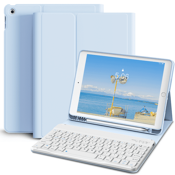 KVTVOU Keyboard Case for iPad 9th Generation 2021 /iPad 8th Generation 2020 / iPad 7th Gen 2019 with Pencil Holder Stand Folio Detachable Wireless Keyboard Cover, Blue