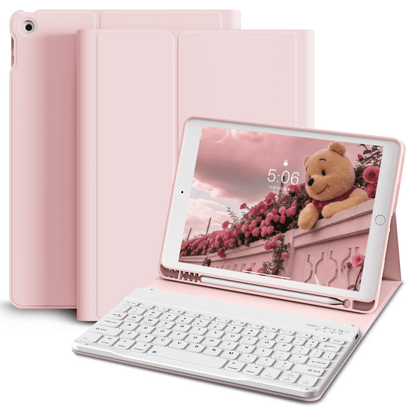 KVTVOU Keyboard Case for iPad 9th Generation 2021 /iPad 8th Generation 2020 / iPad 7th Gen 2019 with Pencil Holder Stand Folio Detachable Wireless Keyboard Cover, Pink