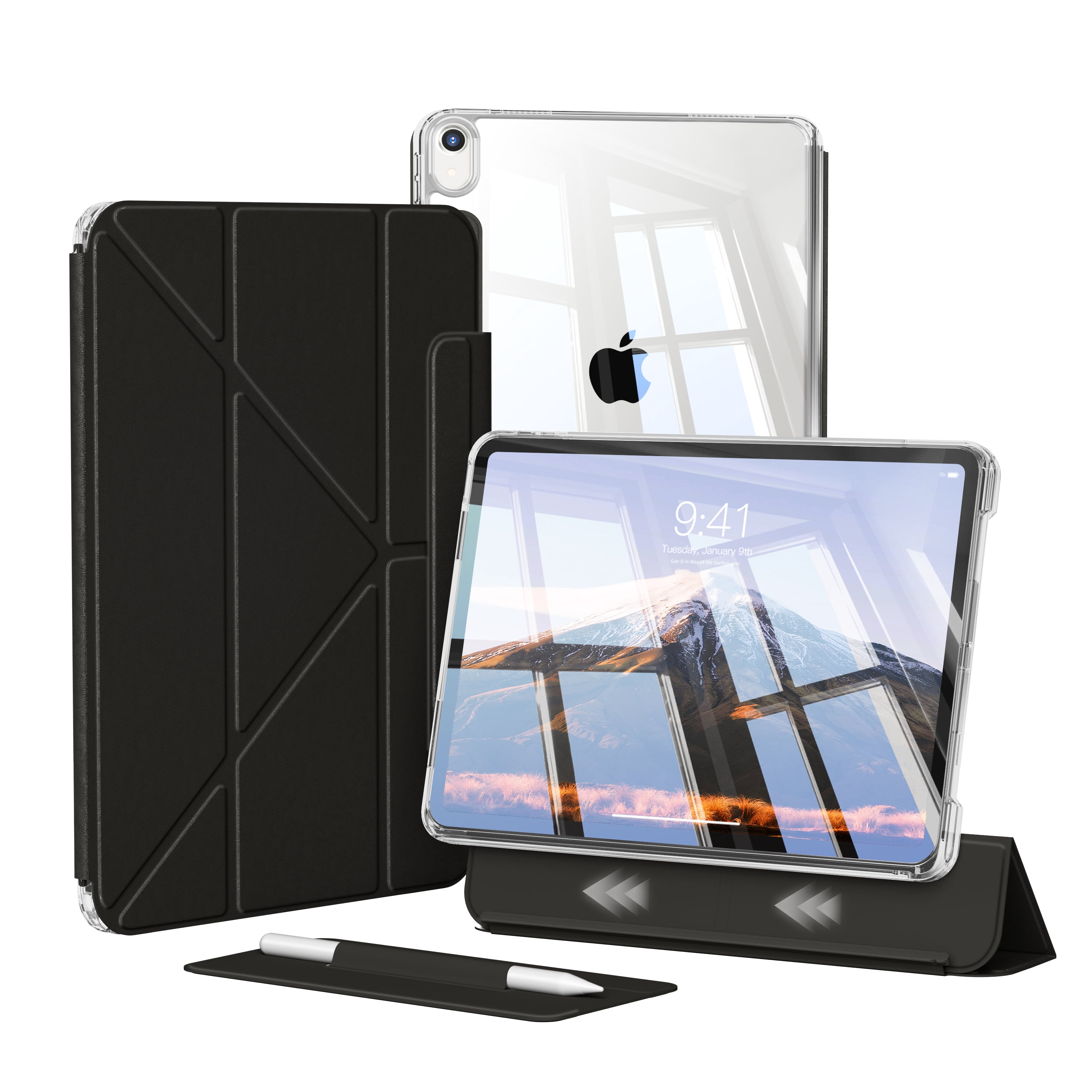 KVTVOU Case for iPad A16 11th Gen 11-inch 2025/10th Generation 10.9" 2022 with Pencil Holder, Detachable 2 in 1 Sliding Removable Cover, Transparent PC Back&TPU Shockproof, Slim Trifold,Black