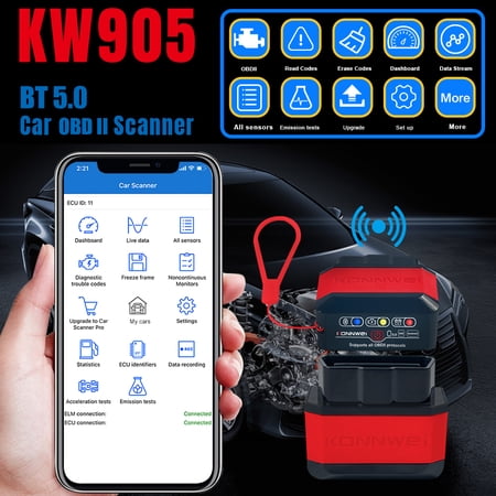 KW905 BT 5.0 Wireless OBDII Car Auto Diagnostic Scan Tool Code Reader, 4.6x3.6x1.2 inches / 11.8x9.1x3 cm Black