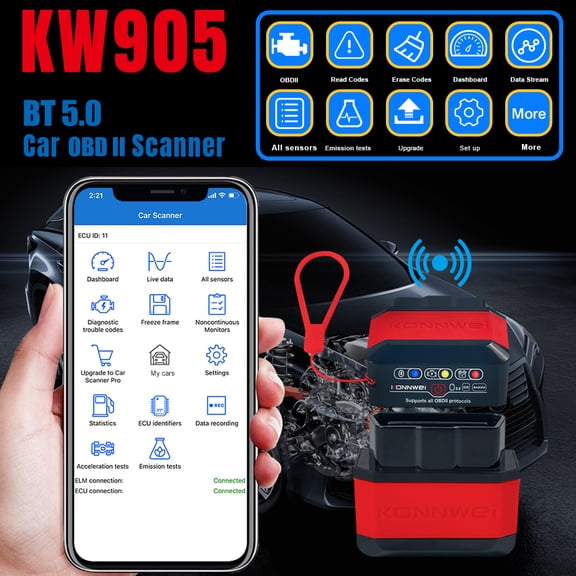 KW905 BT 5.0 Wireless OBDII Car Auto Diagnostic Scan Tool Code Reader, 4.6x3.6x1.2 inches / 11.8x9.1x3 cm Black