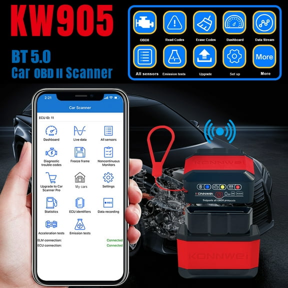 KW905 BT 5.0 Wireless OBDII Car Auto Diagnostic Scan Tool Code Reader, 4.6x3.6x1.2 inches / 11.8x9.1x3 cm Red