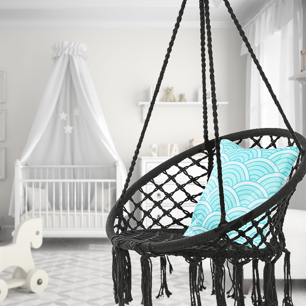 KWANSHOP Hanging Hammock Chair Macrame Swing Seat Mesh, Handmade Knitted Hanging Cotton Rope Chair for Indoor/Outdoor Home Patio Garden Back Yard, Black