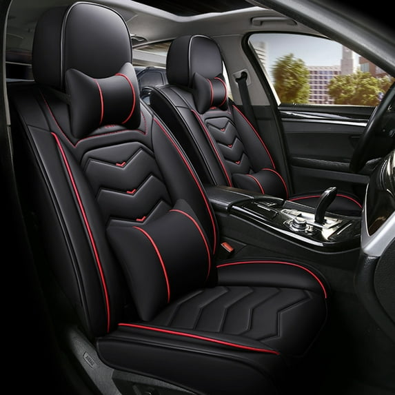 KWANSHOP Luxury PU Leather Car Seat Cover 5 Seats Cushions Car Headrest Front & Rear Set Interior Auto Seat Cover Mat