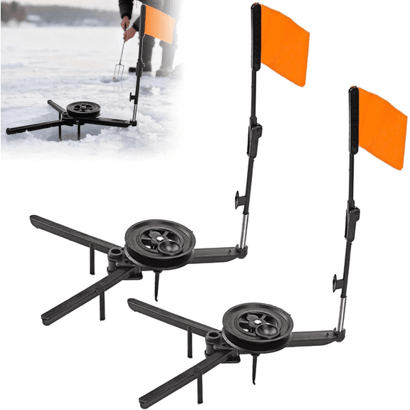 KWHOME Ice Fishing Tip-Up, Portable Foldable Ice Fishing Tip-Up Flag with Orange Pole Flags, Angler Tackle Accessory, Winter Outdoor Ice Fishing Equipment Gears,Black/2PCS