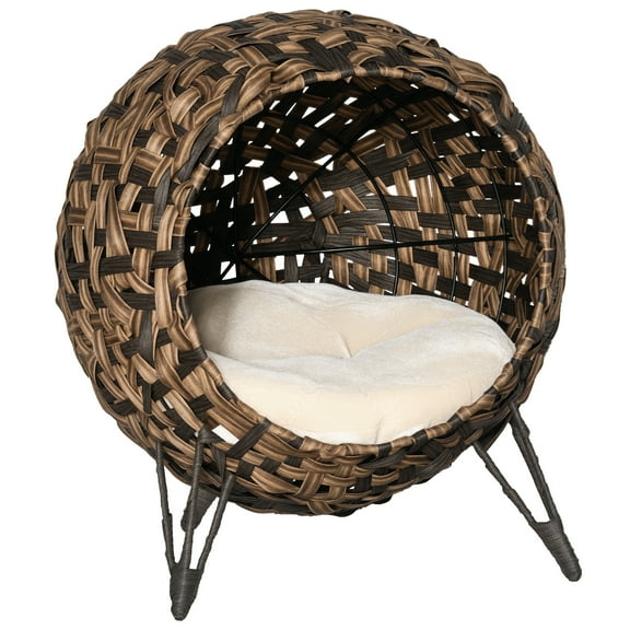 KWUXIN 20.5" Weaved Cat Bed, Elevated Hand-Woven Braided Banana Leaf Kitten House Condo with Cushion, Φ 20.5" x 22.75" H,Brown