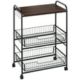 thumbnail image 1 of KWUXIN 3 Tier Rolling Kitchen Cart with Storage, Kitchen Island Cart on Wheels with 2 Sliding Fruit Basket, Microwave Cart with Side Hooks for Dining Room,Walnut, 1 of 11