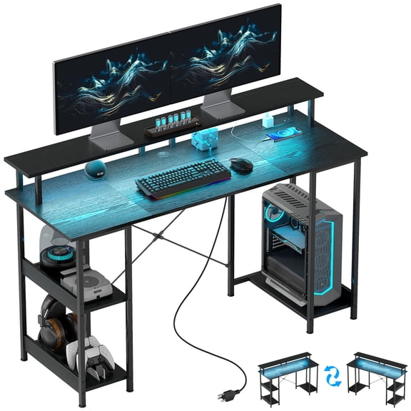 KWUXIN 47" Gaming Desk with Power Outlets and LED Lights, Reversible Computer Desk with Monitor Stand and 2-Tier Storage Shelves, Cable Management, for Home Office,Black