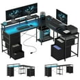 thumbnail image 1 of KWUXIN 66" L Shaped Gaming Desk, Reversible, 105" 2 Person Computer Desk with File Cabinet and Fabric Drawers, Power Outlets and LED Lights, Monitor Stand,Distressed Black, 1 of 1