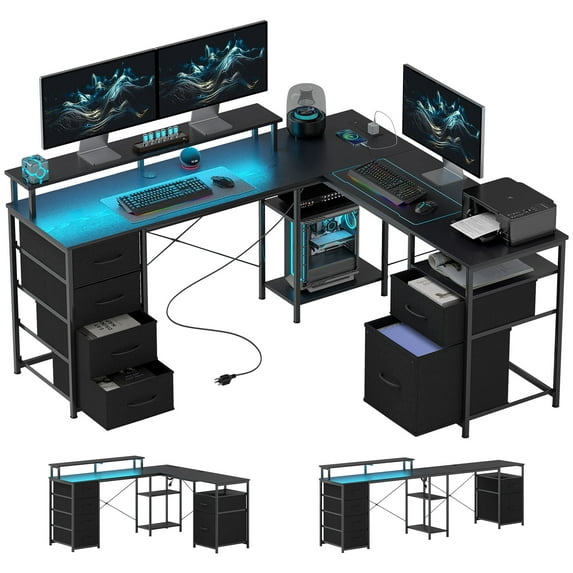 KWUXIN 66" L Shaped Gaming Desk, Reversible, 105" 2 Person Computer Desk with File Cabinet and Fabric Drawers, Power Outlets and LED Lights, Monitor Stand,Distressed Black