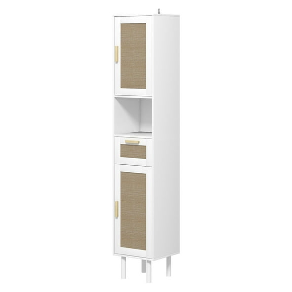 KWUXIN 67" Tall Bathroom Storage Cabinet, Freestanding Narrow Cabinet with Rattan Doors & Adjustable Shelves, White