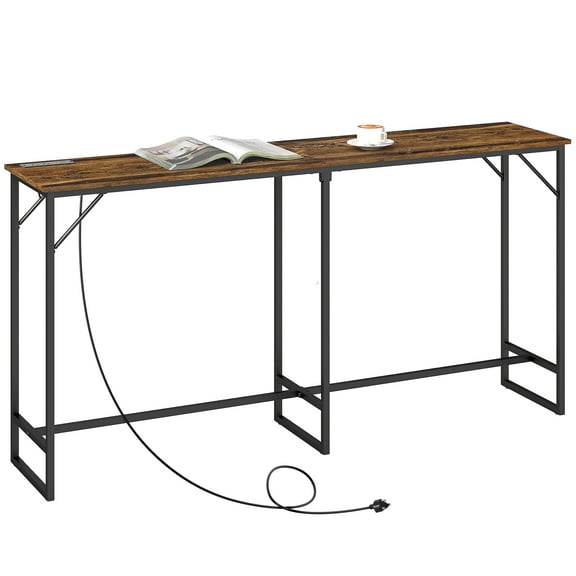KWUXIN 70" Long Counter Height Table with Charging Station, Industrial Style Rectangular Bar Table with Steel Frame for Dining Room, Kitchen,Rustic Brown