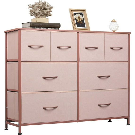 KWUXIN 8 Drawer Dresser for Bedroom, Wide Fabric Dresser Storage Organizer, Chest of Drawers with Wood Top, Sturdy Steel Frame, Dressers for Living Room, Closet, Hallway, Pink