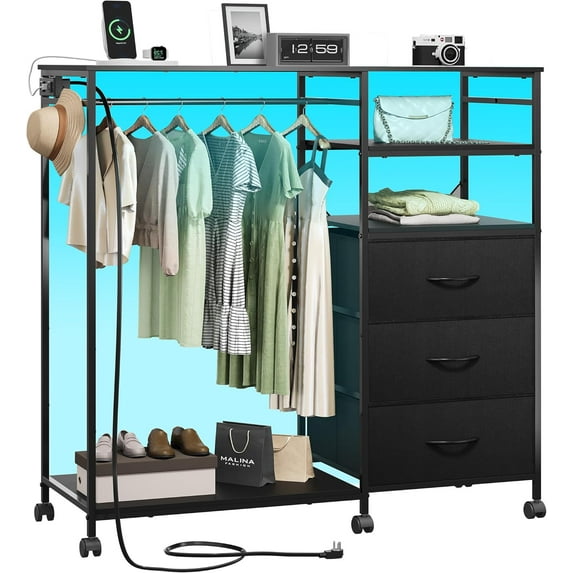 KWUXIN Black Dresser with Hanging Rack for Bedroom, 3 Drawer Dresser with LED Lights & Charging Station, Fabric Dressers & Chest of Drawers, Storage Organizer with Open Shelves for Living Room