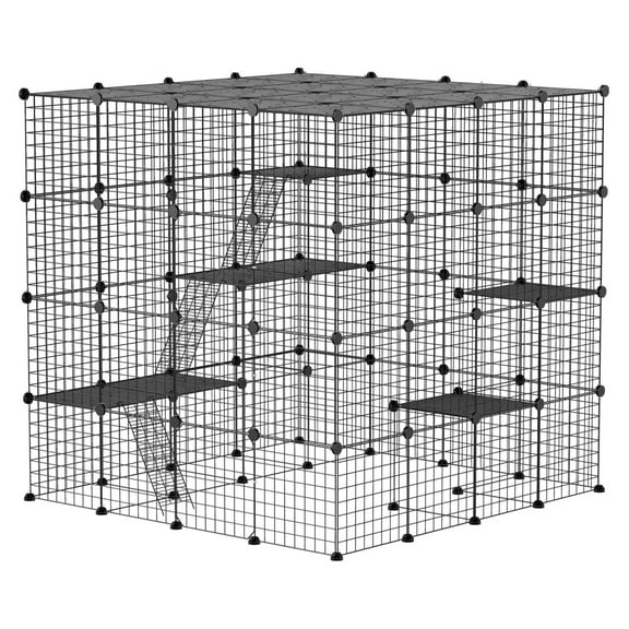 KWUXIN Detachable Metal Cat Cage, 55" Enclosure with Platforms, Ramps & Accessories, Modular Playpen for 1-3 Cats, Easy Assembly, Black