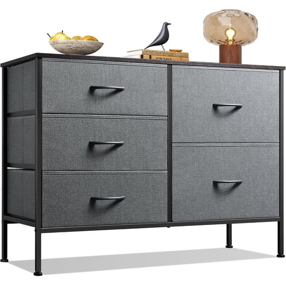 KWUXIN Dresser for Bedroom with 5 Drawers, Wide Storage Dresser with Drawer Organizers, Chest of Drawers, Fabric Dressers for Living Room, Closet, Hallway, Dark Grey