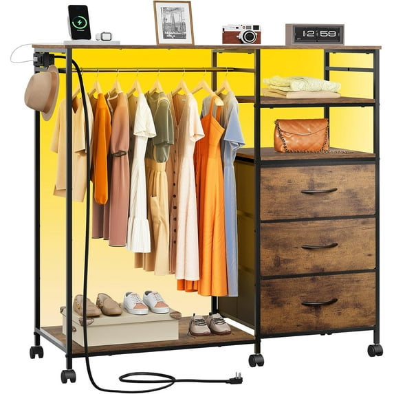 KWUXIN Dresser with Hanging Rack for Bedroom, 3 Drawer Dresser with LED Lights & Charging Station, Fabric Dressers & Chest of Drawers, Storage Organizer with Open Shelves for Living Room, Brown