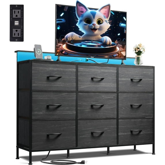 KWUXIN Dresser TV Stand for 45, 50, 55 inch TV, Entertainment Center with LED Lights & Charging Station, Chest of drawers with 9 Fabric Drawers and Open Shelves , Hallway.Charcoal Black Wood Grain