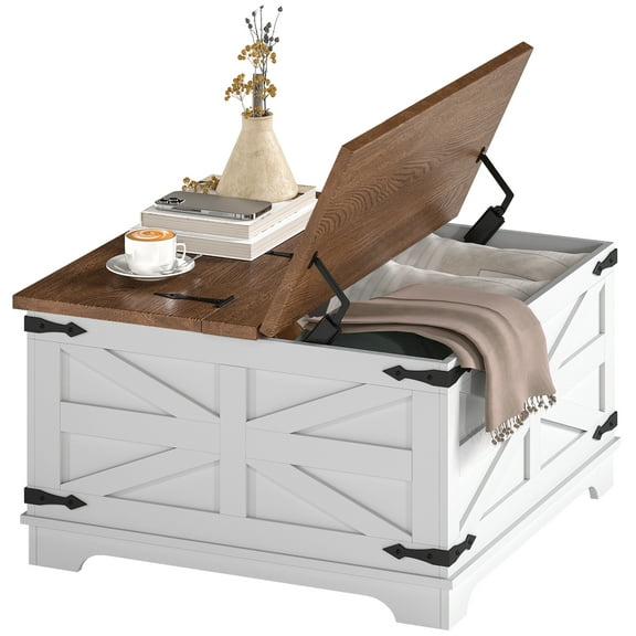 KWUXIN Farmhouse Square Storage Coffee Table with Hinged Lift Top Rustic Wood Center Table with Hidden Storage Compartment & Barn Door Panel Coffee Table for Living Room,White