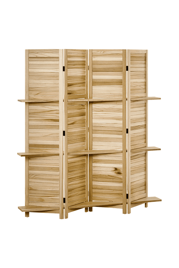 Freestanding Room Divider 4 Panel, 5.5ft Tall Paulownia Wood with Shelves Natural Finish for Home and Office