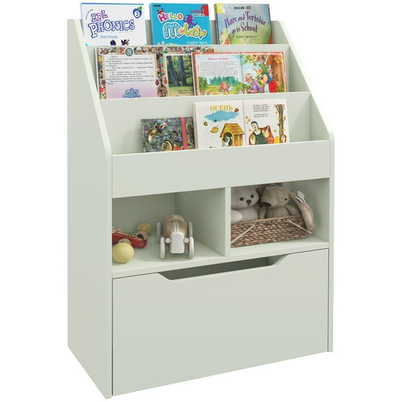 KWUXIN Kids Bookcase Multi-Shelf Rack Organizer with Storage Drawer for Books, Playroom, MDF, Melamine, Nylon, Metal, 23.5"L x 11.75"W x 35.5"H,Green
