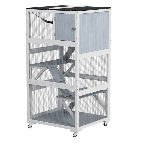 KWUXIN Outdoor Catio with Wheels, Weatherproof Cat Enclosure for 1-3 Cats Up to 12lbs, Multi-Level Design with Hammock, Lockable & Portable, Gray