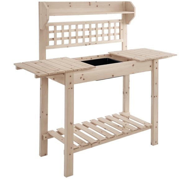 KWUXIN Outdoor Potting Bench Table, Wooden Workstation with Sliding Tabletop, Storage Shelf and Dry Sink, for Greenhouse, Garden, Patio,Natural Wood