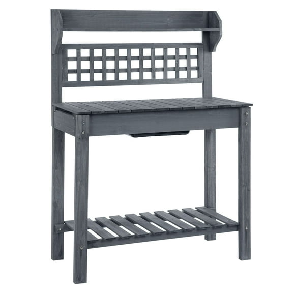 KWUXIN Potting Bench Outdoor, Wooden Workstation with Expandable Sliding Tabletop, Storage Shelf and Dry Sink, Gray