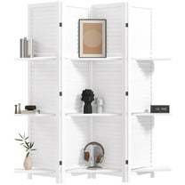 KWUXIN Room Divider, 4 Panel 67" Tall Wood Privacy Screen with 3 Display Shelves, and Folding Storage for Bedroom or Home Office,White