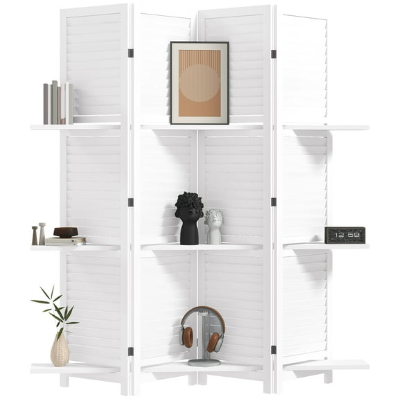 KWUXIN Room Divider, 4 Panel 67" Tall Wood Privacy Screen with 3 Display Shelves, and Folding Storage for Bedroom or Home Office,White