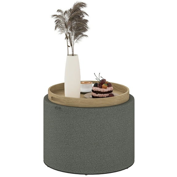 KWUXIN Round Storage Ottoman with Flip Top Tray, Upholstered Fabric Foot Stool, Small Coffee Table with Hidden Compartment, Accent Vanity Stool for Living Room,Gray