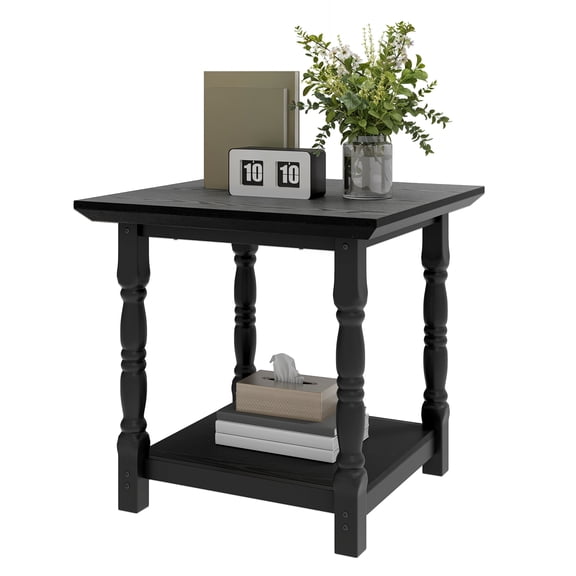 KWUXIN Square Side Table with 2-Tier Open Shelves & Roman Column, Heavy-Duty Coffee End Table for Living Room, Bedroom, Small Space ,Black