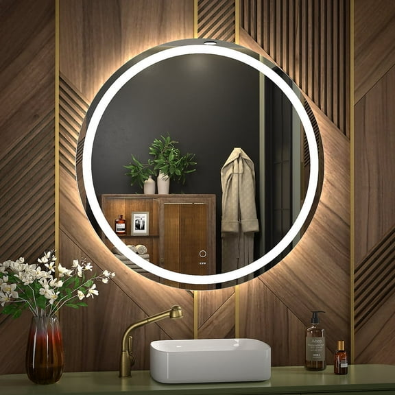 KWW 28 inch LED Round Bathroom Vanity Mirror, Anti-Fog Dimmable Lights