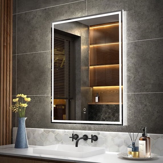 KWW 28 x 36 inch LED Bathroom Rectangular Vanity Mirror, Anti-Fog Dimmable Lights, Easy to Instal