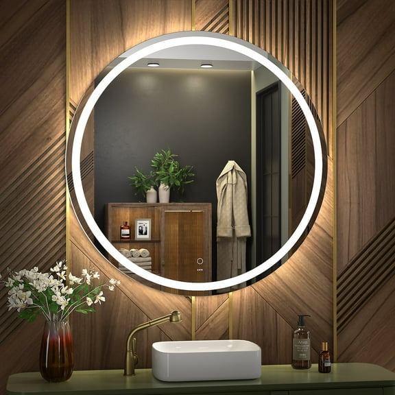 KWW 32 inch LED Round Bathroom Vanity Mirror, Anti-Fog Dimmable Lights