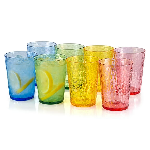 KX-WARE Hammered 15 Ounce Plastic Drinking Tumbler Acrylic Glasses, Set of 8 Multicolor