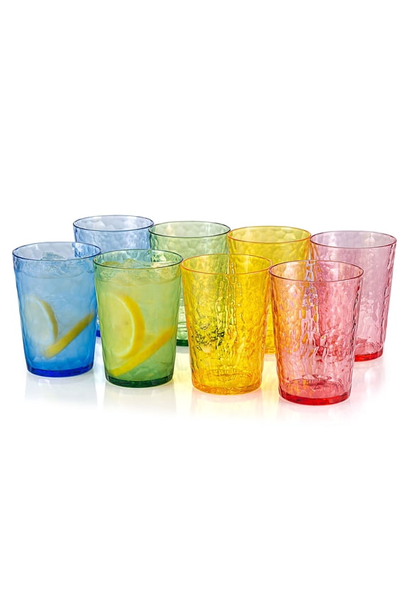 Hammered 15 Ounce Plastic Drinking Tumbler Acrylic Glasses, Set of 8 Multicolor