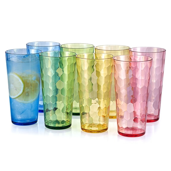 KX-Ware Hammered 26-Ounce Plastic Tumbler Acrylic Highball Drinking Glasses, Set of 8 Mutlicolor