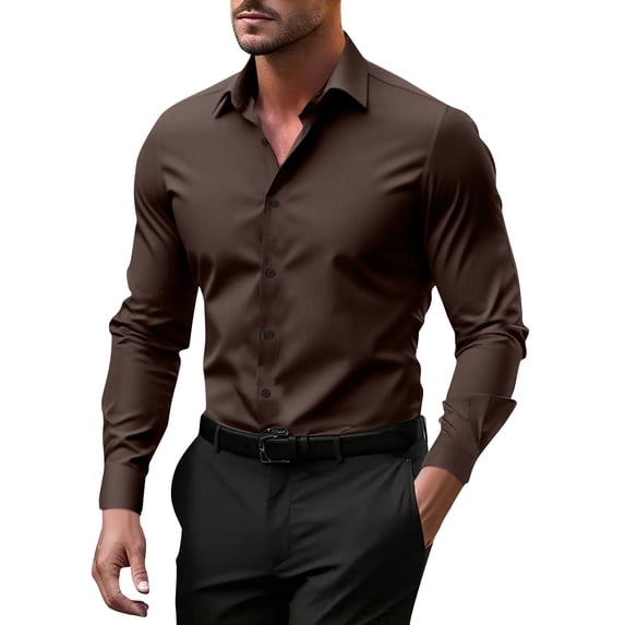 KXDMNE Mens Long Sleeve Button Down Shirt - Slim Fit Polyester Lapel Business Dress Shirt Casual Formal Workwear for All Year, Coffee, 2XL