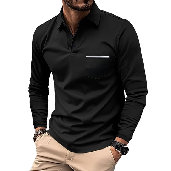 KXDMNE Mens Long Sleeve Polo Shirt - Polyester with Button Pocket Casual Lapel Solid Color Breathable Tops for Spring Fall, Black, M