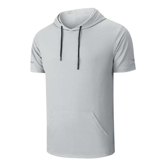 KXDMNE Mens Quick Dry Short Sleeve Hoodie - with Pocket Solid Color Moisture Wicking Pullover Athletic All Season Performance Workout Top, Light Gray, 3XL