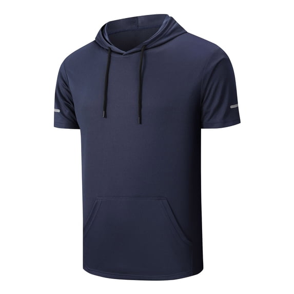 KXDMNE Mens Quick Dry Short Sleeve Hoodie - with Pocket Solid Color Moisture Wicking Pullover Athletic All Season Performance Workout Top, Navy, 2XL