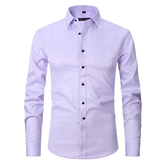 KXDMNE Mens Slim Fit Stretch Dress Shirt - Long Sleeve Lightweight Polyester Button Down Formal Workwear Shirt for Autumn, Purple, M