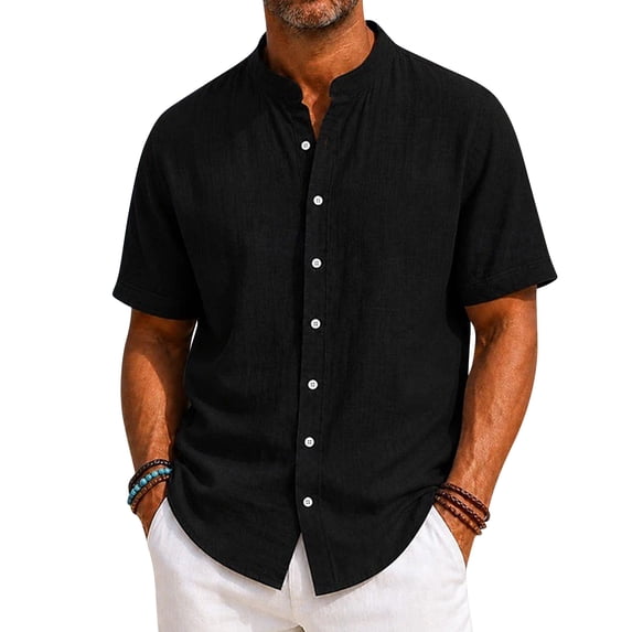KXDMNE Mens Stand Collar Polo Shirt - Short Sleeve Button Fast Drying Polyester Slim Regular Solid Color Lightweight Casual Shirt, Black, XL